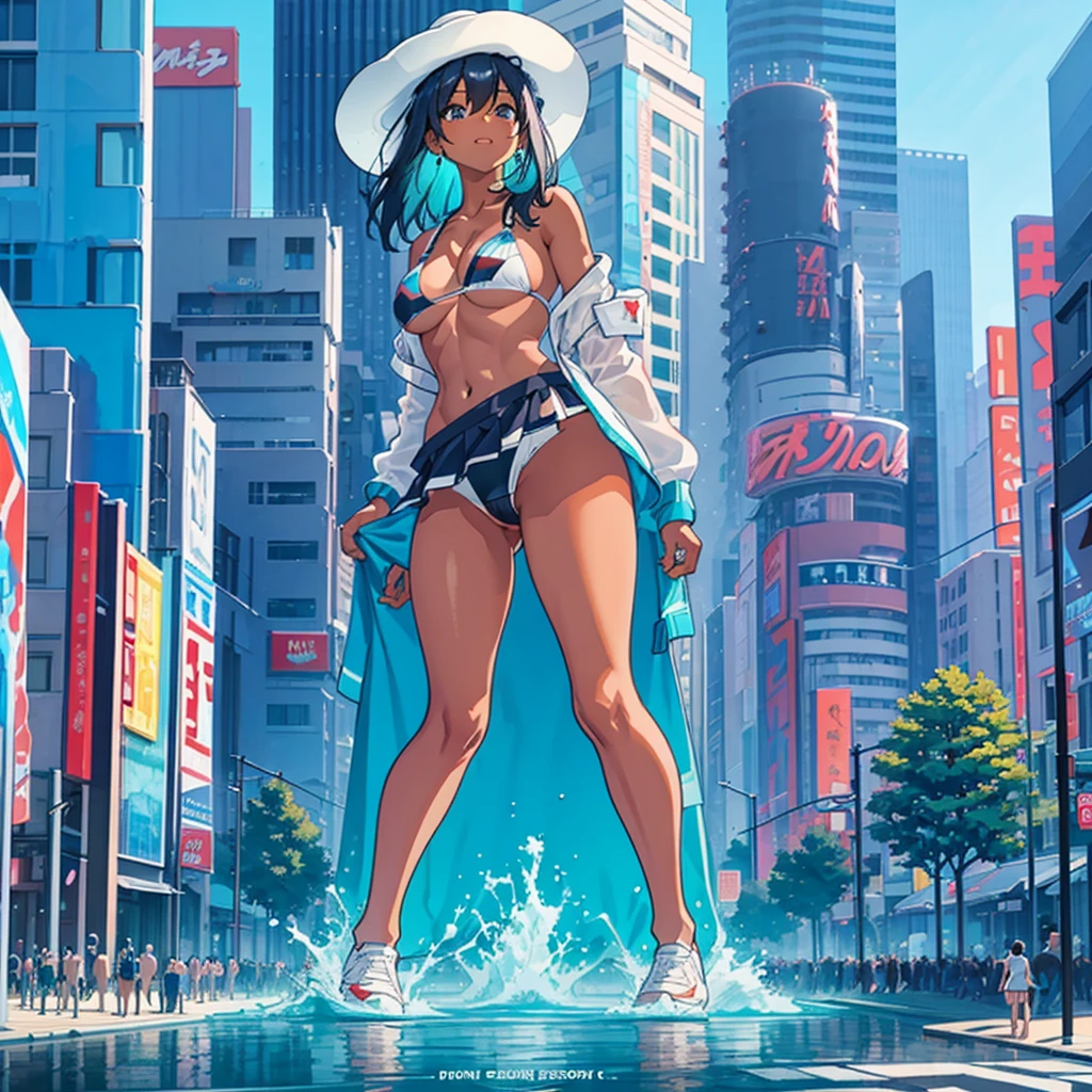 Composition seen from below Blue sky,((buttocks)) ((turns back))  thunderclouds, sunlight, masterpiece Anime-style delicate painting 4K 90's Huge Multiple crowds Crowd in a big city Many people ((Giant high school girl standing on the road)) ((((Bikini) Swimsuit)) ) ((Straw hat)) ((Tanned skin)) ((Dark skin)) ((Big city)), ((Tokyo Akihabara Electric Town)), Big breasts, High school girl, Transparent costume, Lots of sweat, Water splash, sneakers, watch, black hair, smile, Female Titan Titan girl full body crowd Unreal Engine, cleavage, image, earrings, cute photo, beauty, analog style, full body, sneakers, GTS, Giant Female Titan, building cleavage A girl in a skyscraper district, a big city, a GTS, a giant female giant,