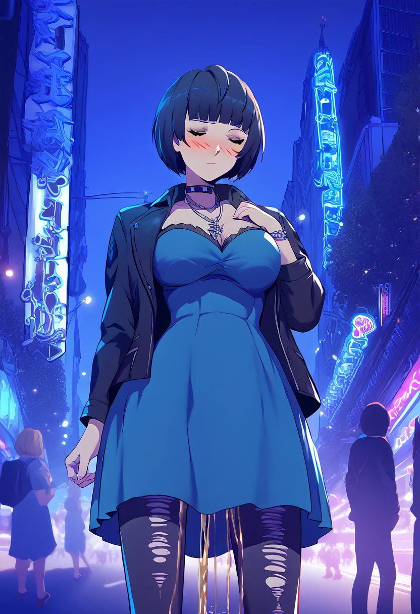 woman, mature, takemicasualp5, extremely detailed face, extremely detailed eyes, short hair, bob cut, very black hair, blue hair, choker, necklace, leather jacket, blue dress, spiderweb, ripped pantyhose, makeup, eyeliner, (wetting self:1.5), desperation, huge breasts, (blushing:1.5), embarrassed, humiliation, aroused, orgasm, trembling, city, street, crowd, night, futuristic, colorful lights, colorful city