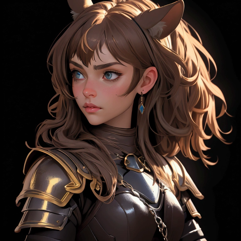 envision a 8k, highres, cinematic, beautiful close up portrait of a girl with pretty mature features with brown hair, animal ears, leather armor, fantasy armor, jrpg inspired armor, tail, in dark lighting, against a dark gray background