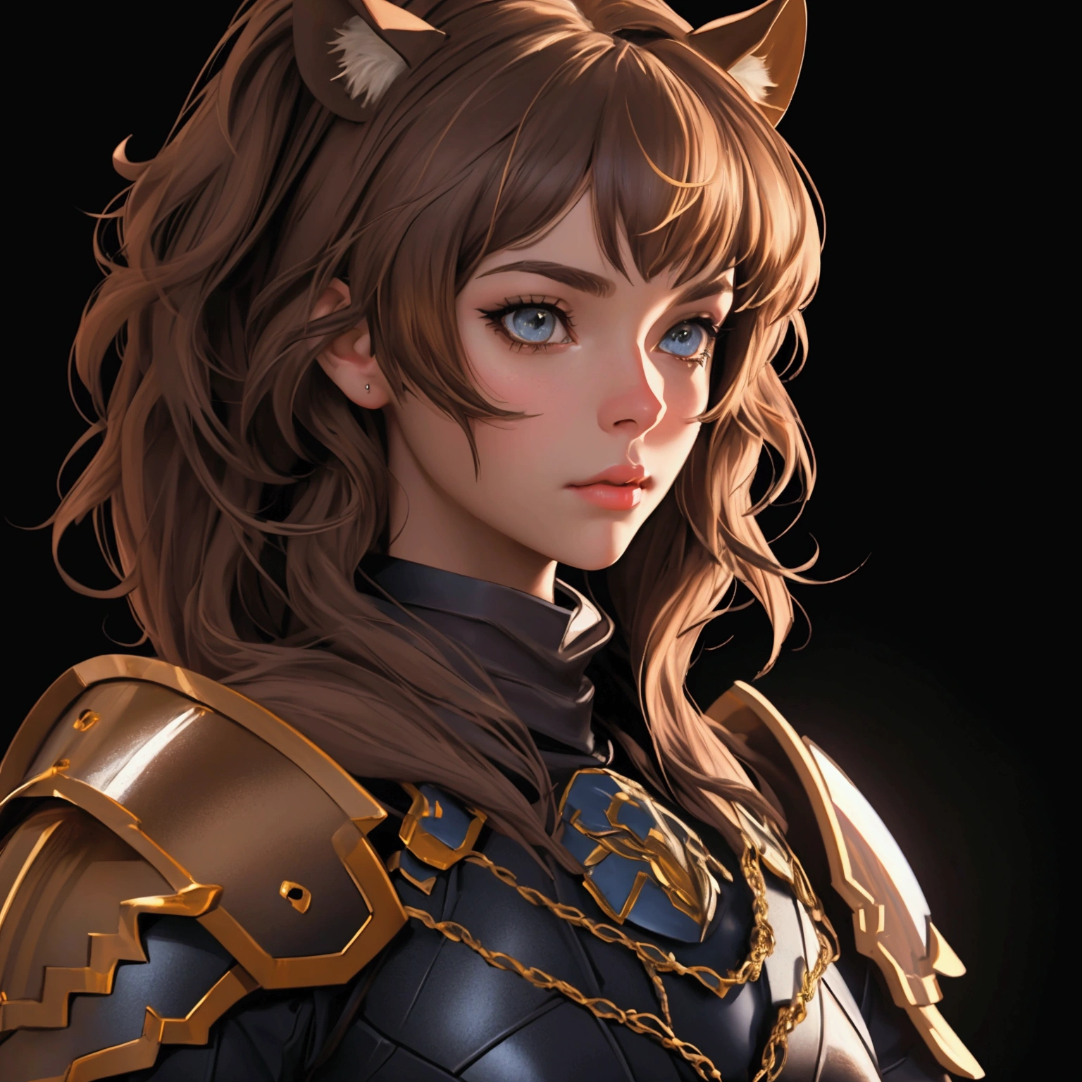 envision a 8k, highres, cinematic, beautiful close up portrait of a girl with pretty mature features with brown hair, animal ears, leather armor, fantasy armor, jrpg inspired armor, tail, in dark lighting, against a dark gray background