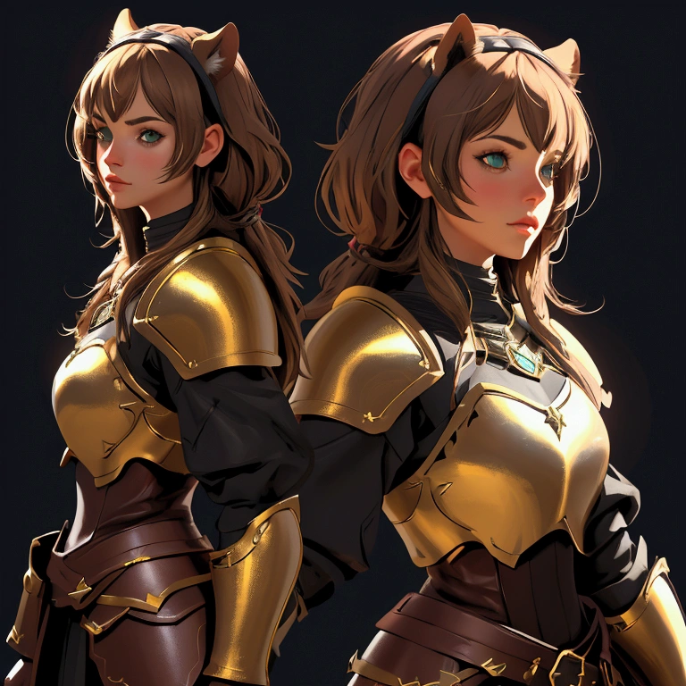 envision a 8k, highres, cinematic, beautiful concept art character design sheet of a girl with pretty mature features with brown hair, animal ears, leather armor, fantasy armor, jrpg inspired armor, tail, in dark lighting, against a dark gray background