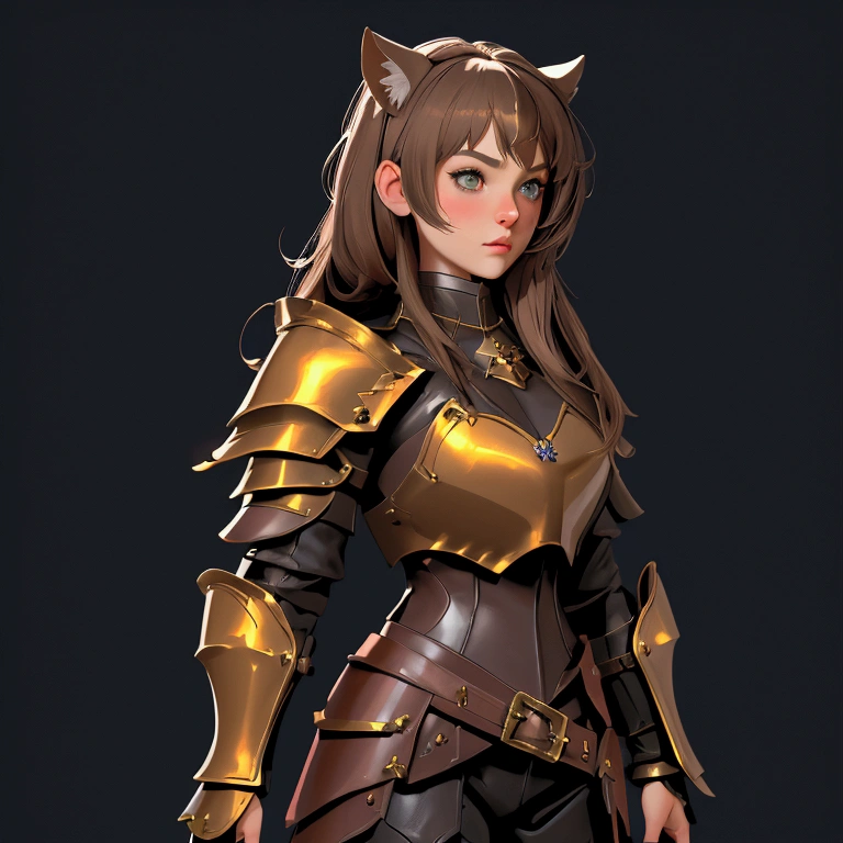 envision a 8k, highres, cinematic, beautiful full body concept art character design sheet of a girl with pretty mature features with brown hair, animal ears, leather armor, fantasy armor, jrpg inspired armor, tail, in dark lighting, against a dark gray background