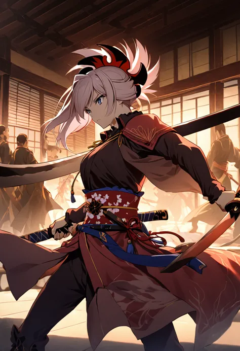 swordsman of the sengoku period、miyamoto musashi with two swords、holding it strongly with both hands。he stares ahead with a shar...