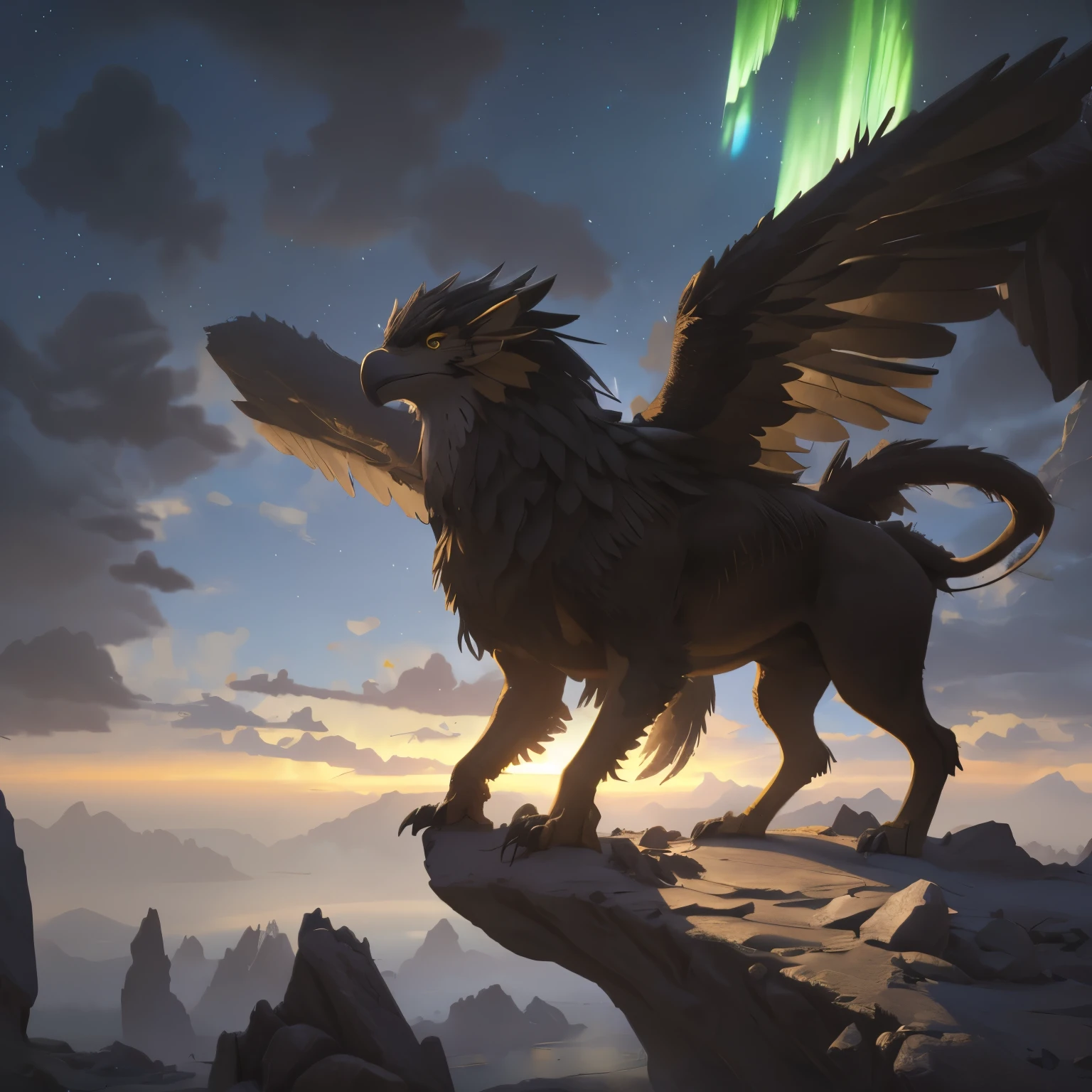 a griffon embracing the earth, vast cosmic landscape, cinematic lighting, highly detailed, intricate textures, dramatic lighting, epic scale, digital art, octane render, volumetric clouds, vibrant colors, stunning details, photorealistic, award winning