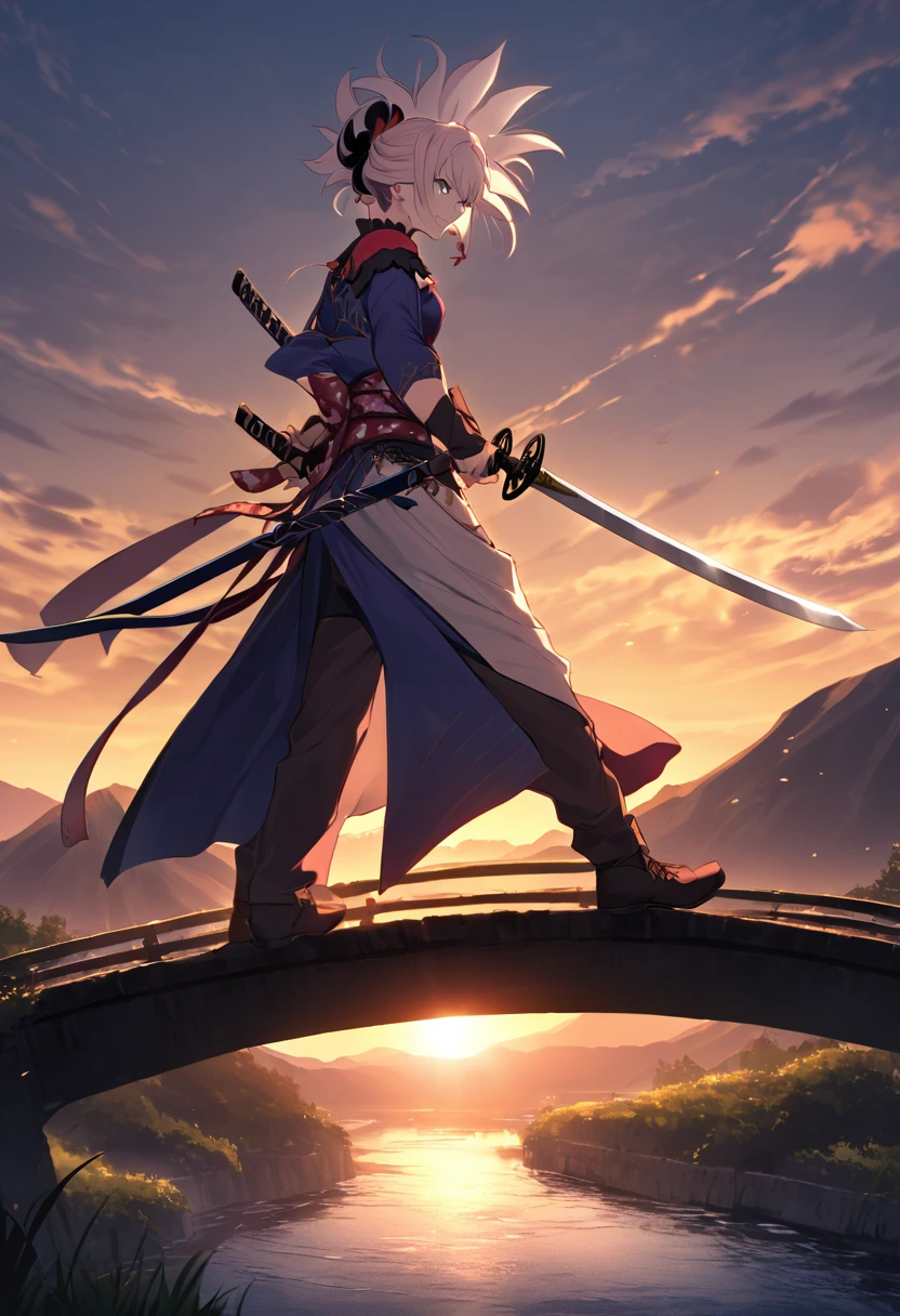 On an old bridge lit by the setting sun、Miyamoto Musashi with swords in both hands、Taking a dual-sword stance。His posture is stable、The swords in his hands reflect the light sharply at different angles.。There is silence all around.、In the background is a flowing river and a hazy mountain in the distance.々is vaguely visible。The innovative nature of his dual wielding style is expressed through his calm expression.