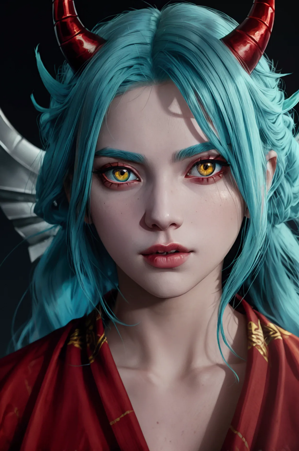 cyan haired woman with horns, red highlighted skin, with yellow eyes