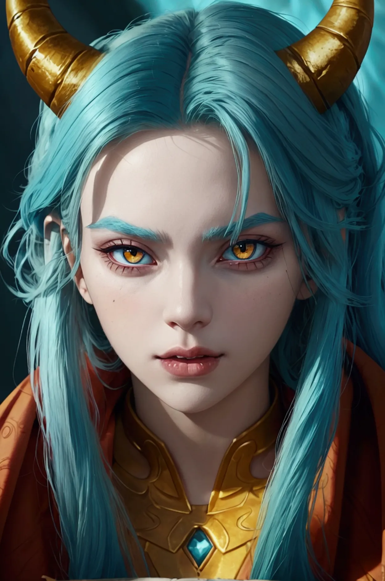 cyan haired woman with horns, red highlighted skin, with yellow eyes