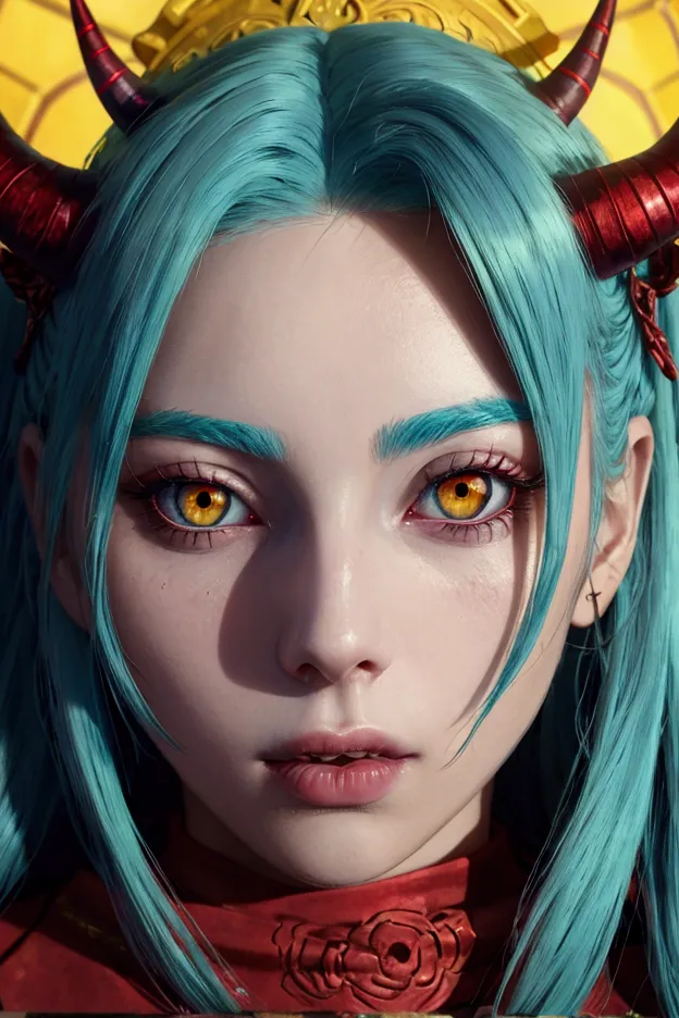 cyan haired woman with horns, red highlighted skin, with yellow eyes