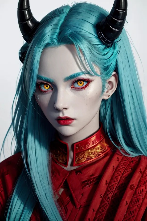 cyan haired woman with horns, red highlighted skin, with yellow eyes