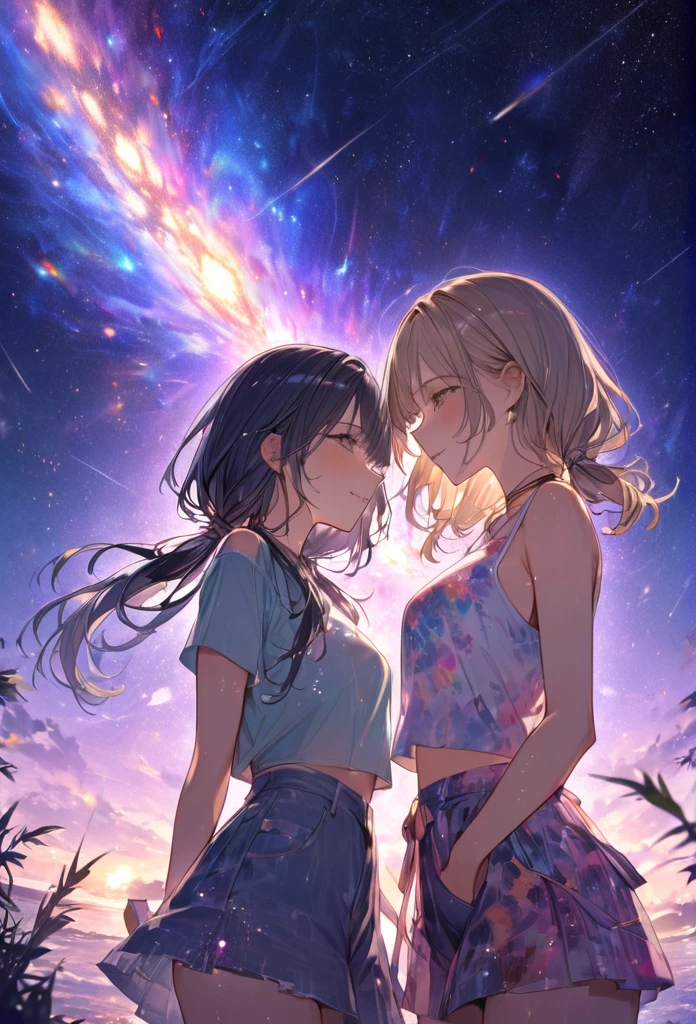 Highest quality　masterpiece　High resolution　絡み合う2人の女の子masterpieceグレーアイズ、Two girls intertwined with each other in low twin tails、Two intertwined girls in casual summer outfits　、flowerpunk、universe、Sparkling light particles、Vivid gradient effect