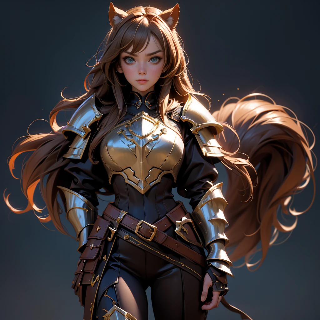 envision a 8k, highres, cinematic, beautiful full body concept art character design sheet of a girl with pretty mature features with brown hair, animal ears, leather armor, fantasy armor, jrpg inspired armor, tail, in dark lighting, against a dark gray background