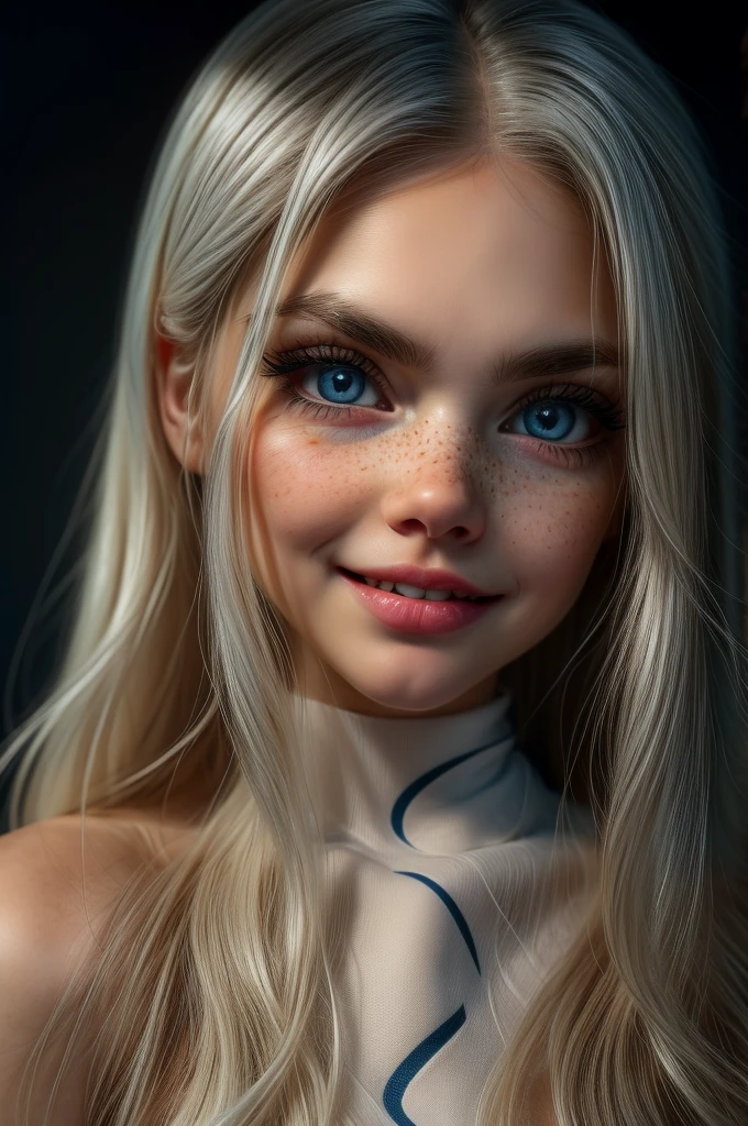 very beautiful woman, perfect face, long white hair, small sharp face, perfect big blue eyes, thin arched eyebrows, very thick and long eyelashes, close up face, freckles, small nose, black winged eyeliner, front view, looking at viewer, super white skin, russian soft small features, laughing with teeth, dimples 