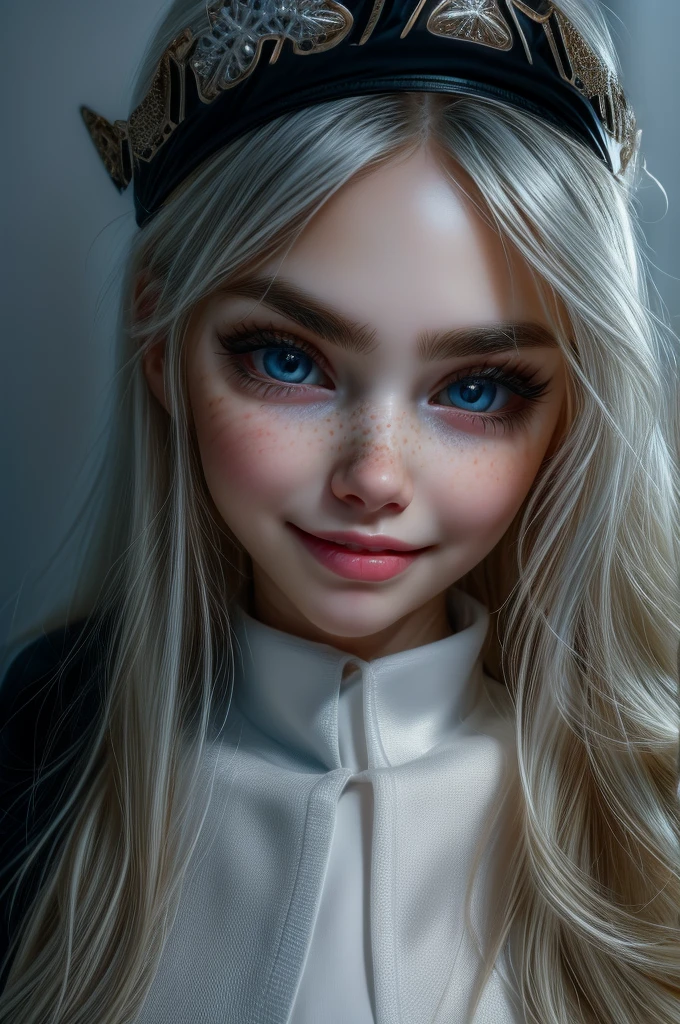 very beautiful woman, perfect face, long white hair, small sharp face, perfect big blue eyes, thin arched eyebrows, very thick and long eyelashes, close up face, freckles, small nose, black winged eyeliner, front view, looking at viewer, super white skin, russian soft small features, laughing with teeth, dimples 