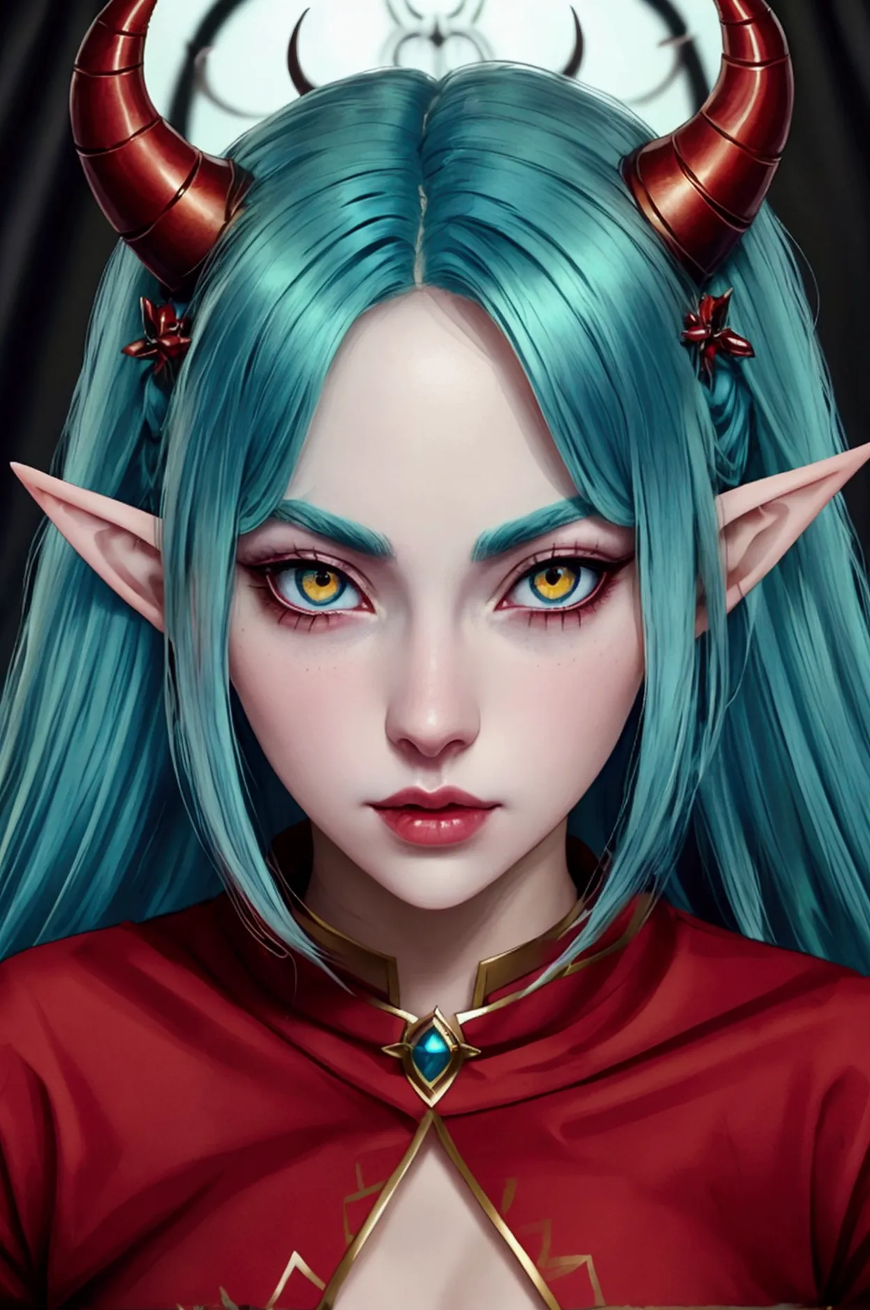 cyan haired woman with horns, red highlighted skin, with yellow eyes, with elf dark circles, and with your beautiful and perfect...