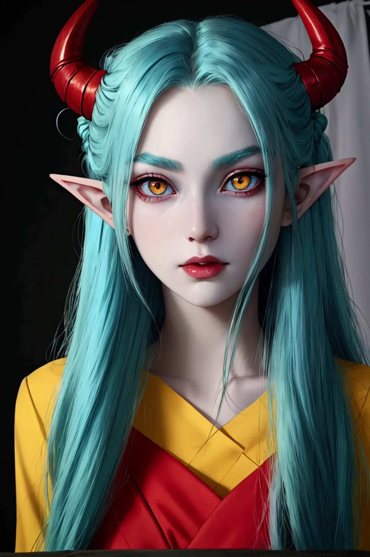 cyan haired woman with horns, red highlighted skin, with yellow eyes, with elf dark circles, and with your beautiful and perfect...