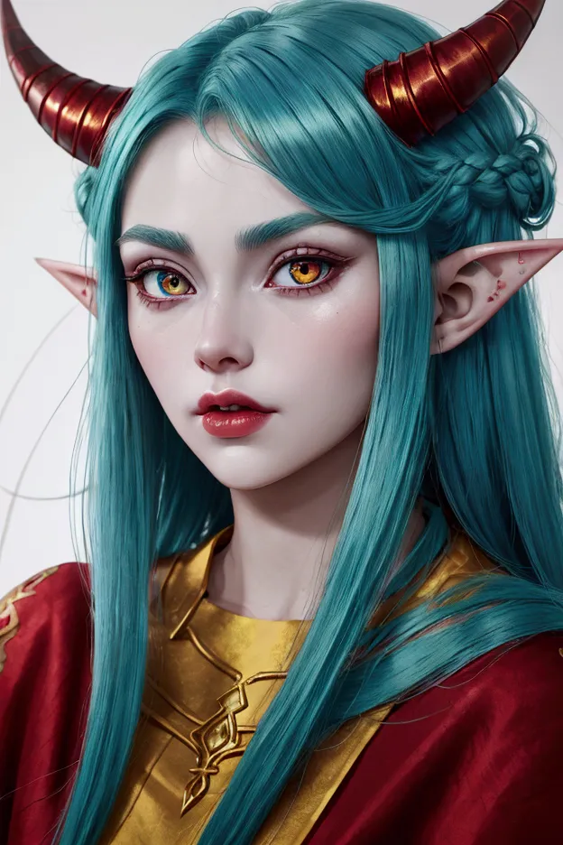 cyan haired woman with horns, red highlighted skin, with yellow eyes, with elf dark circles, and with your beautiful and perfect...