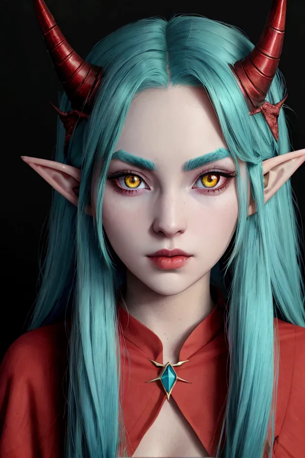 cyan haired woman with horns, red highlighted skin, with yellow eyes, with elf dark circles, and with your beautiful and perfect...