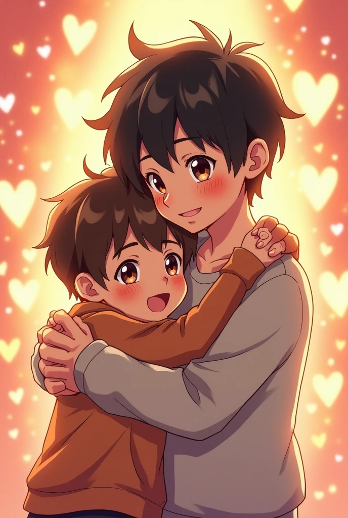 anime, tall boy with black hair, Brown eyes, 2d , with a kind smile, to hug another boy, that the other boy is brown-haired, a little lower than the other, blushing, with bangs, Brown eyes y que detrás de ellos haya chispas en forma de corazón , that both are young 