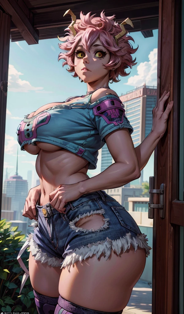 ((Masterpiece:1.5, best quality)), ((Mina Ashido from My Hero Academia)), beautiful face, (voluptuous), large_breast, ample hips, flaunting her incredibly detailed accentuated big booty, wearing cropped t-shirt and daisy dukes, thick_thighs, breathtaking detail, RAW photo color, cinematic lighting, 8k uhd, dslr, 