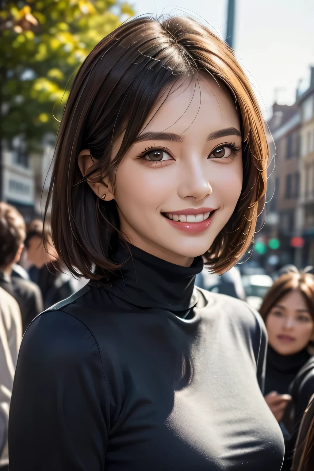 ((masterpiece)), ((Highest quality)), ((Complex)), ((Surreal)), (Realistic), (Mature Woman), ((No classes)), Very detailed, (1 female), Beautiful and exquisite, (Beautiful Teeth), Grin, Brunette bob hair, Brown eyes, ((Blue turtleneck)), (Upper Body), (background:none), Perfect Eyes, Captivating eyes, Looking at the audience