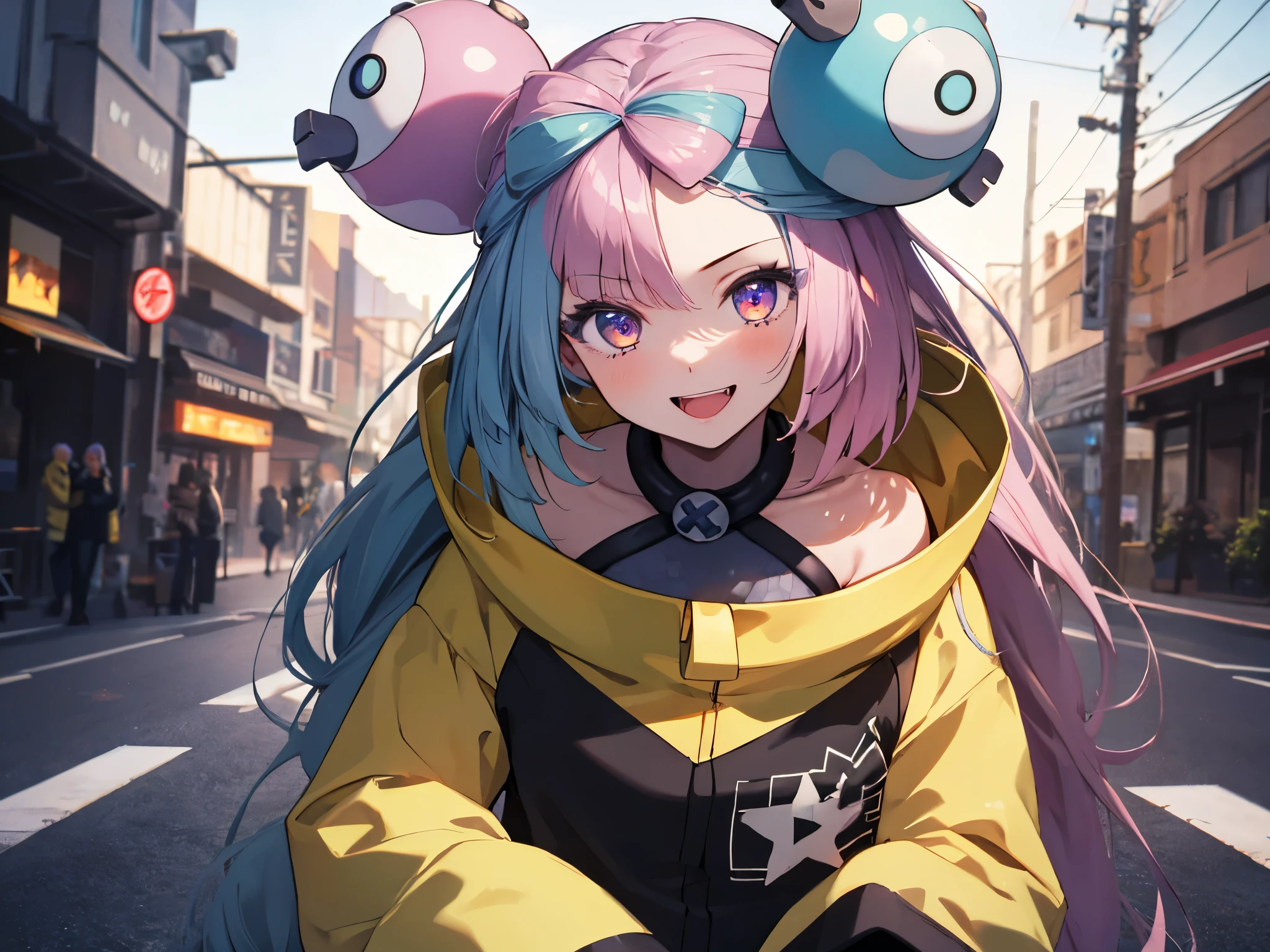 masterpiece, Highest quality, Perfect Face, Highest Resolution, Highest quality,Detailed depiction of the eyes, 8k, One Girl, Long Hair, Yellow Jacket, Long sleeve, hair ornaments, Future City, neon street, laugh