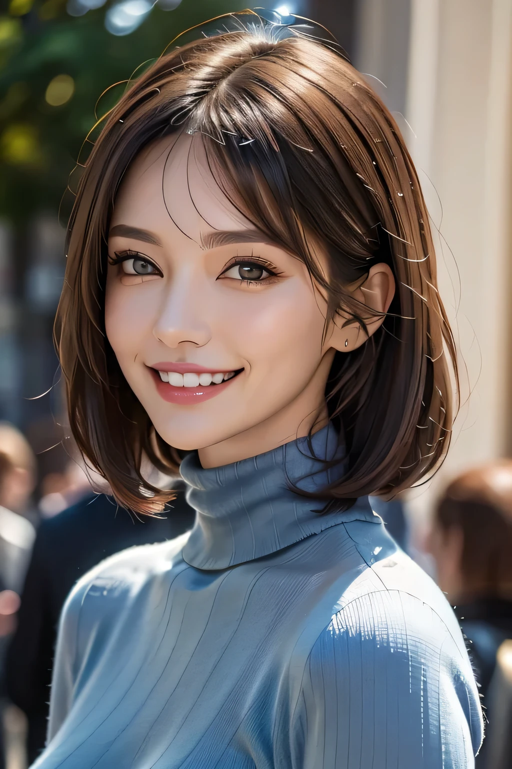 ((masterpiece)), ((Highest quality)), ((Complex)), ((Surreal)), (Realistic), (Mature Woman), ((No classes)), Very detailed, (1 female), Beautiful and exquisite, (Beautiful Teeth), Grin, Brunette bob hair, Brown eyes, ((Blue turtleneck)), (Upper Body), (background:none), Perfect Eyes, Captivating eyes, Looking at the audience