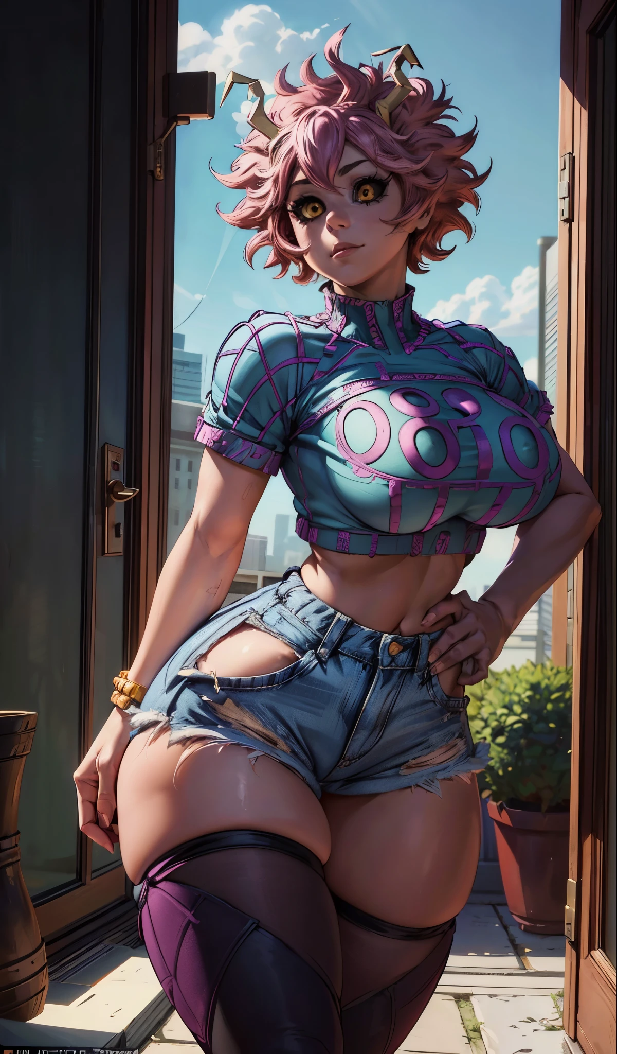 ((Masterpiece:1.5, best quality)), ((Mina Ashido from My Hero Academia)), beautiful face, (voluptuous), large_breast, ample hips, flaunting her incredibly detailed accentuated big booty, wearing cropped t-shirt and daisy dukes, thick_thighs, breathtaking detail, RAW photo color, cinematic lighting, 8k uhd, dslr, 