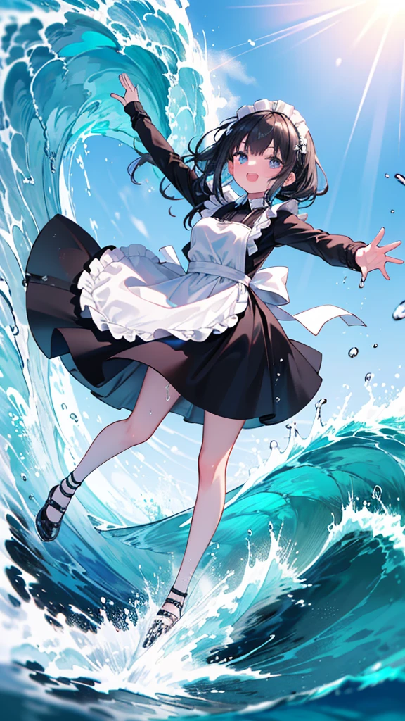 (8k, Highest quality, masterpiece: 1.2),Ultra-high resolution, 1 person, solo,Highly detailed face, Apron dress, Black Dress, White apron, black and white maid outfit, Random Hairstyles, Gay Hair, surfing, Ocean, Wave, sunlight, Ecstatic expression, splash, Overall image, Flooding, Wet