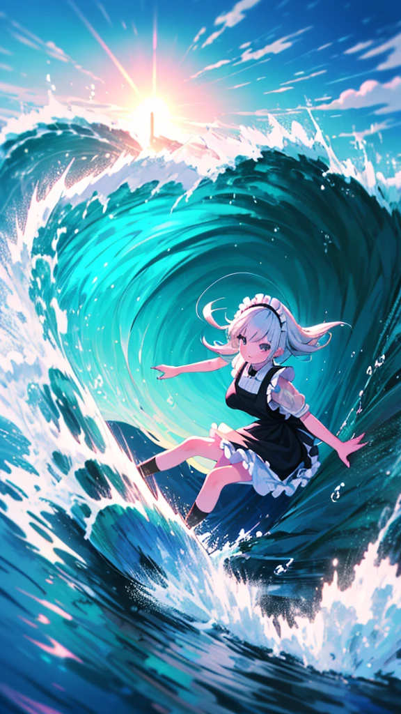 (8k, Highest quality, masterpiece: 1.2),Ultra-high resolution, 1 person, solo,Highly detailed face, Apron dress, Black Dress, White apron, black and white maid outfit, Random Hairstyles, Gay Hair, surfing, Ocean, Wave, sunlight, Ecstatic expression, splash, Overall image, Flooding, Wet