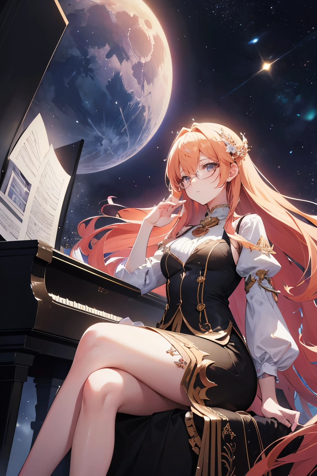 A beautiful bespectacled woman with long golden hair, wearing a dress, sits at a grand piano in the middle of a serene space landscape, with the moon in the background, playing the piano with graceful movements. (Best Quality, 4K, 8k, High Resolution, Masterpiece: 1.2), Ultra Detailed, (Realistic, Photorealistic, Photorealistic: 1.37), Intricate details, Cinematic lighting, Dramatic composition, Vivid colors, Glowing celestial elements, Ethereal atmosphere、Overlooking、Make people smaller、