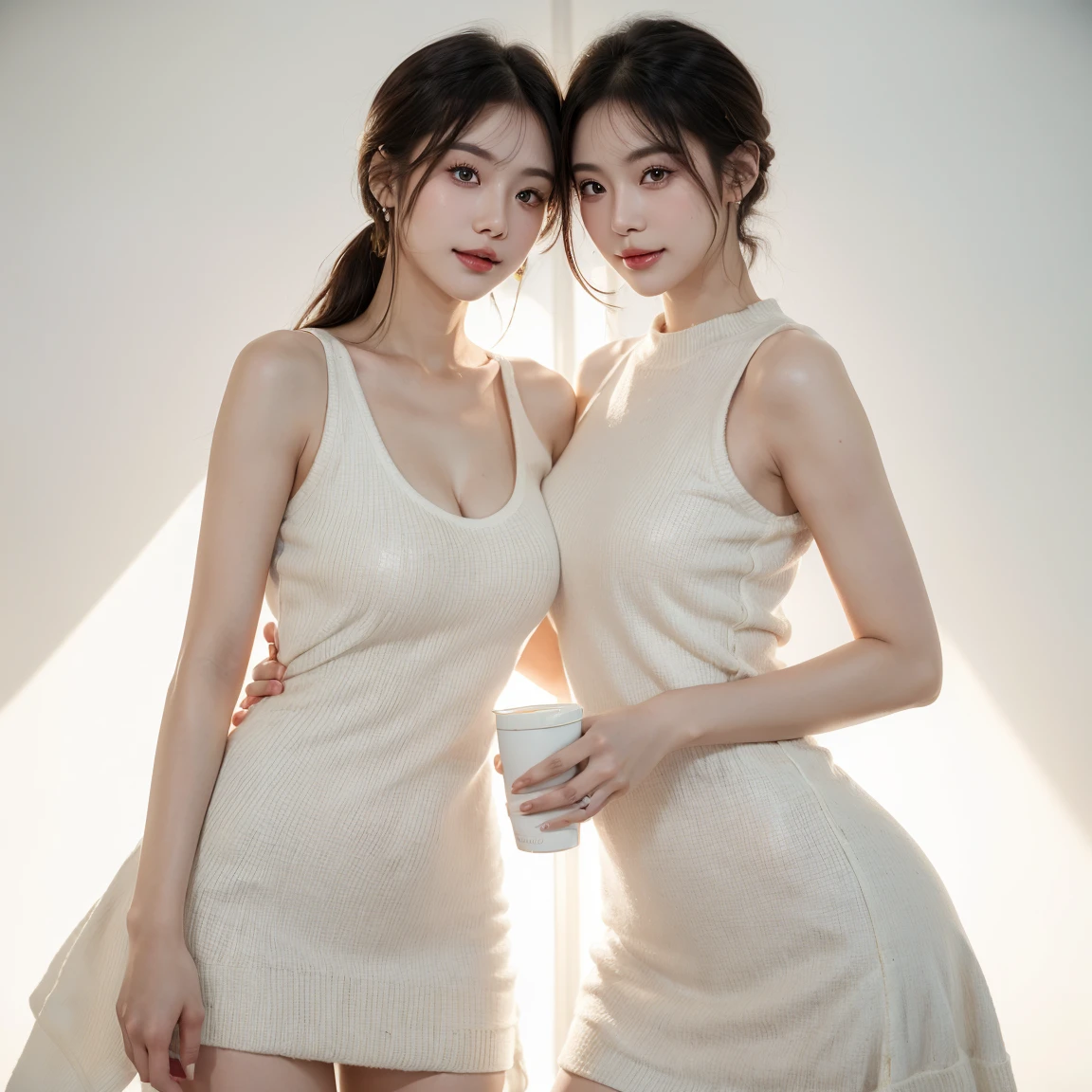 Two women standing side by side facing diagonally left,holding cup,  (Two Lovers), (Big Breasts:1.2), White Background、Gold sleeveless knit dress、(masterpiece: 1.3), (Maximum resolution: 1.4), (Super high visual acuity: 1.2), Cinematic Light, Super high visual acuity,make&#39;Blushing:1.2、 (Beautiful eyes and skin), (Detailed facial features), Hmph, 8k resolution, Perfect Style, Beautiful expression、Highly detailed face and skin texture、Detailed eyes、double eyelid、Glitter Eyeliner:1.2、Glowing Skin、pure White skin:1.8、White skin:1.8、Red Rouge、Dark lipstick:1.2、Shiny small earrings、Glossy Lips:1.2、short hair、(A very attractive smile:1.2)