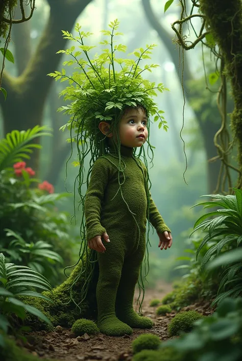 a bunch of different and mysterious plants in a conservatory, along with a child who was transformed into a tree and has green l...