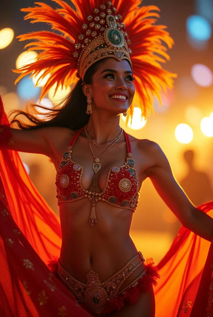 The vibrant 8K resolution image captures the 20-year-old Asian beauty mid-dance, her skin glowing under the vibrant Brazilian samba carnival lights. Her detailed face with sparkling eyes and a lovely smile is depicted in a thigh-high shot, with a blurred background highlighting her dynamic pose. She is wearing a fancy samba dance headdress and outfit. She is wearing a flashy, colorful outfit that accentuates her ample breasts, her beautifully braided trendy hair, and her sensual gaze that exudes seductive and sexy energy. This samba dancer's body is a masterpiece of proportion, from her slim waist to her wide, shapely hips, with her thigh gap and sexy thighs adding to her allure. As she changes poses, her golden-proportioned face glows with golden light, highlighting her perfect features. The result is a visually stunning and captivating image, a true masterpiece of beauty and sensuality. Watch as she elegantly portrays her beautiful good looks and style.