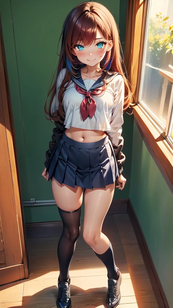 A beautiful anime girl, very beautiful face, happy face, flirtatious smile, very long and straight reddish hair, multicolored hair, green eyes , heart-shaped pupils, 2 girl, very detailed eyes, is on his knees, view from above,beautiful body, small breasts, nice thighs, diaphragm, cropped sports blouse, shows the navel, pleated skirt, thigh high socks, loose socks, beautiful female body, body 1:3 , a room, Bedroom, sunlight enters through the window, maximum quality, Perfect anatomy, masterpiece, HD, well detailed 
