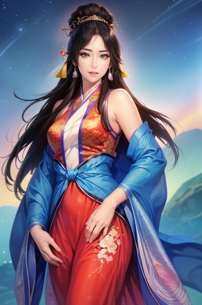 Starry sky landscape、shooting star、Outdoor、 Han Dynasty Landscape、Three Kingdoms、(Highest quality,4K,8k,High resolution,masterpiece:1.2)、Very detailed, High resolution,、Hyper HD、Studio Lighting、Ultra-fine painting、 Sharp focus、 Physically Based Rendering、 Very detailed説明、 Professional、 Vibrant colors、Traditional Chinese Painting Techniques、 Atmospheric lighting、 Vivid color contrast、 Ethereal atmosphere、Very detailed目と顔、 Beautiful attention to detail、 Light on the face、Hanfuを着た少女、(Hanfu: 1.1)、Eyes are green、(((1 girl)))、Anatomically correct