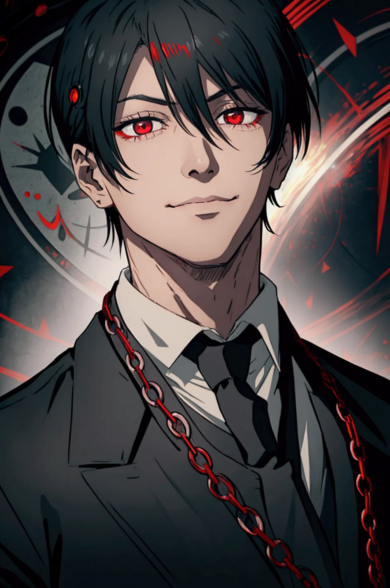 man in black suit, bblack hair, smiling, red eye iris where the iris has circular patterns of a target with a black dot in the m...