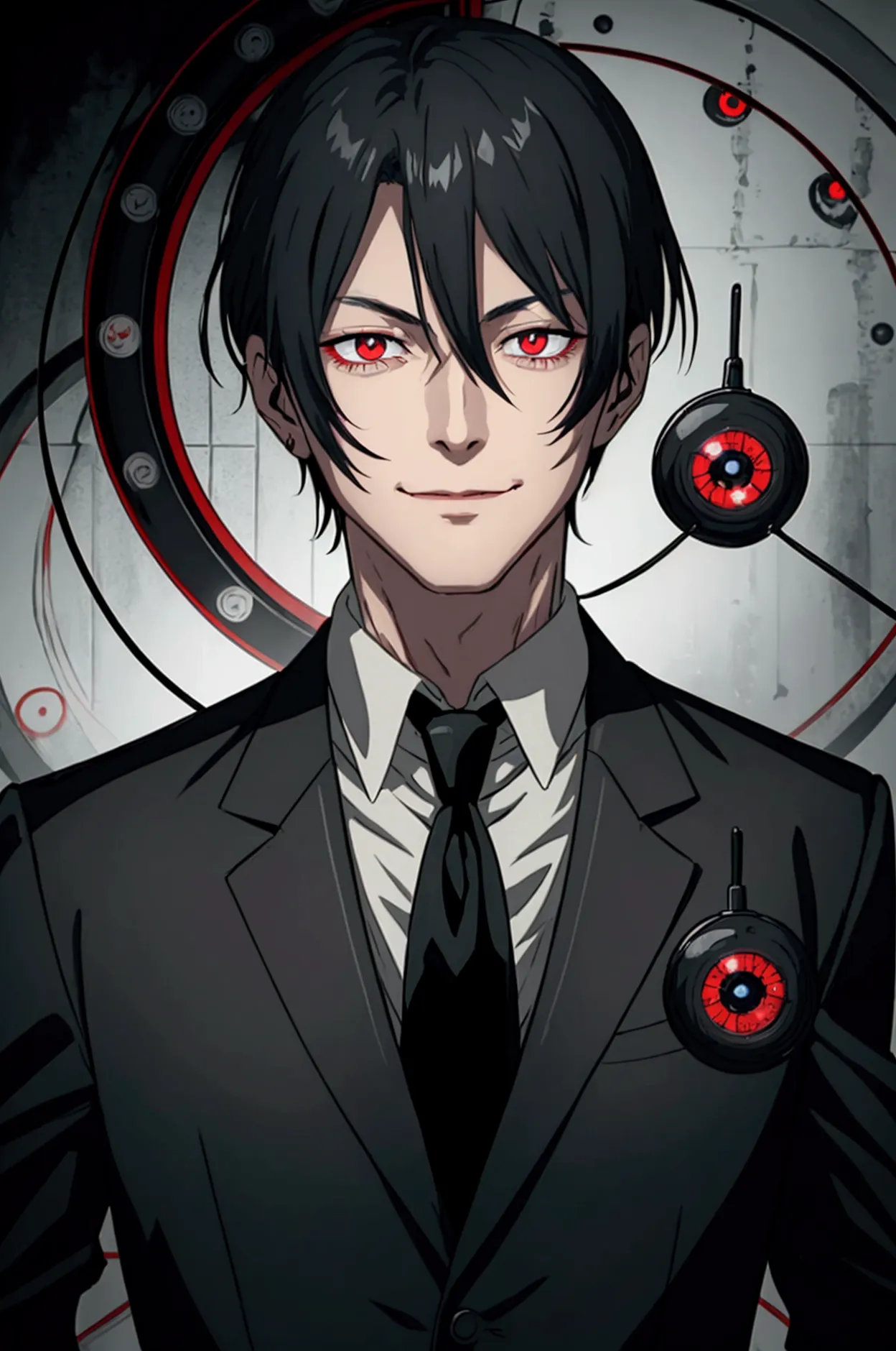 man in black suit, bblack hair, smiling, red eye iris where the iris has circular patterns of a target with a black dot in the m...