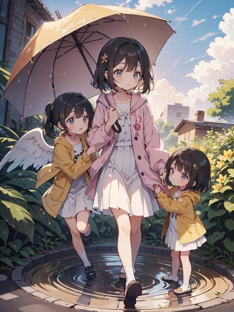 a heartwarming moment after the rain. i have two sisters, a short  girl and a tall 1 girl. a four-year-old girl is happy to put ...