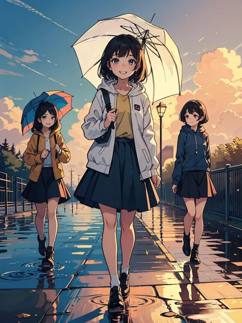 a heartwarming moment after the rain. two sisters, a short  girl and a tall 1 girl. a four-year-old girl is wearing a raincoat w...