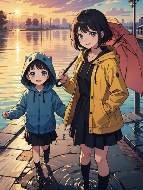 a heartwarming moment after the rain. two sisters, a short  girl and a tall 1 girl. a four-year-old girl is wearing a raincoat w...