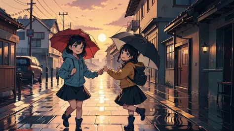 a heartwarming moment after the rain. two sisters, a short  girl and a tall 1 girl. a four-year-old girl wears a hooded raincoat...