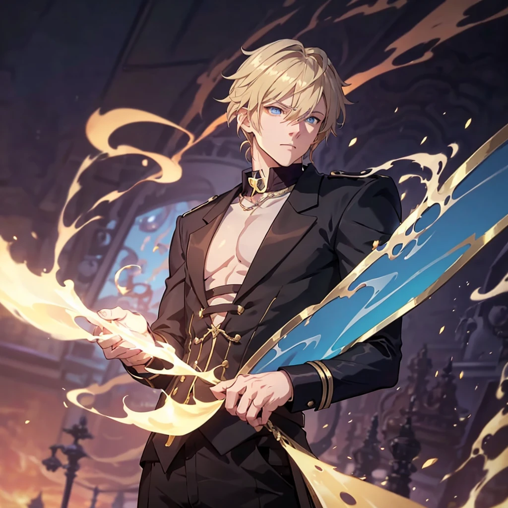 Anime attractive man, 20 year old, blonde hair, very very short ponytail, tall, muscular, solo, one person, light blue gold-accented, high-collared dress shirt with rolled up sleeves, black choker, dark blazer with gold lining and buttons unbuttoned with rolled up sleeves, long dark overcoat with a fur trim, rolled up sleeves, rolled up sleeves, rolled up sleeves, rolled up sleeves muscular, masculine face.