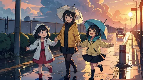 a heartwarming moment after the rain. two sisters, a short 4-year-old girl and a tall 1 girl. a  girl wears a very cute raincoat...