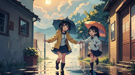 a heartwarming moment after the rain. two sisters, a short 4-year-old girl and a tall 1 girl. a  girl wears a very cute raincoat...