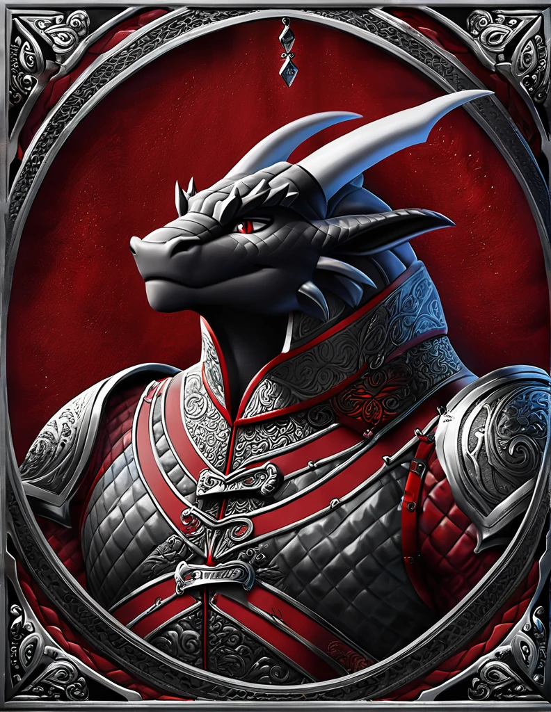 The anthropomorphic dragon can boast "soft beefy" physique. That "soft" aspect of his physique is achieved through a meticulous distribution of muscle and fat that creates a sense of comfort and approachability. skin rich, Deep Black, with a subtle shimmer, hinting at his hidden nobility. His eyes are a piercing shade of imperial red.., framed by thick eyebrows, who arch over them in constant curiosity. His outfit, black quilted gambeson coat with vibrant salmon red accents and intricate silver metalwork., is both functional and symbolic. That gambeson, Soft clothing, specially designed to provide full range of motion, emphasizing his agility, Despite its size. That armor's design is meticulously crafted, every detail serves its purpose. That imperial red accents trace the contours of his muscles, emphasizing his physical strength and determination. That silver metal ornaments are strategically placed to protect vital areas while also enhancing his aesthetic appeal. Leox&#39;s fur is primarily black with orange-red highlights... That fur on his torso and limbs is dense yet well-managed, giving it a sleek and powerful look. Medium length chest hair., framing his broad pectoral muscles. Large Axe, fang-like. Use the chopping blade in the handle, reminiscent of a rapier.. Bull Guard Pose. detailed lighting, shadows and details in all art. Inspired by the artistic style of Taran Skripach, Big bulge 