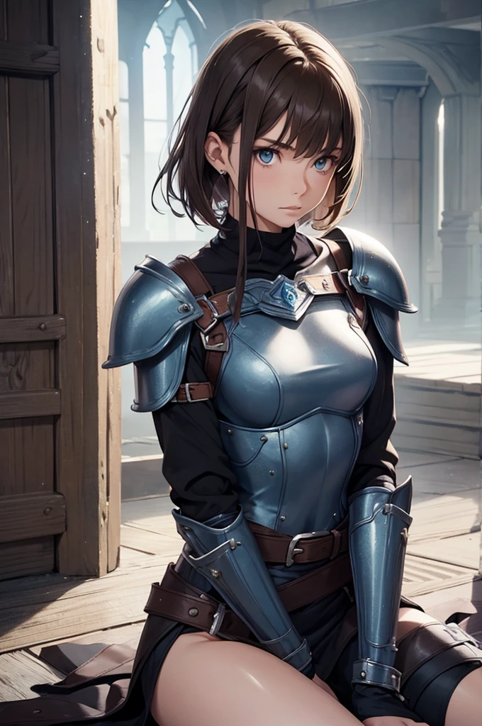 half body image of a skinny young 20 year old British girl, you can sort of see that in your cold electric-blue stare, hair on the other hand is brown pixie cut, lying on the floor, sitting, opem ñegs

fantasy warrior, armour, belts and buckles