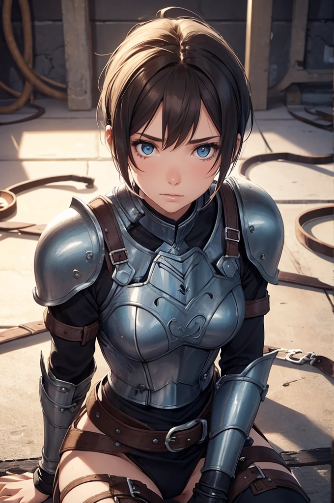 half body image of a skinny young 20 year old British girl, you can sort of see that in your cold electric-blue stare, hair on the other hand is brown pixie cut, lying on the floor, sitting, opem ñegs

fantasy warrior, armour, belts and buckles