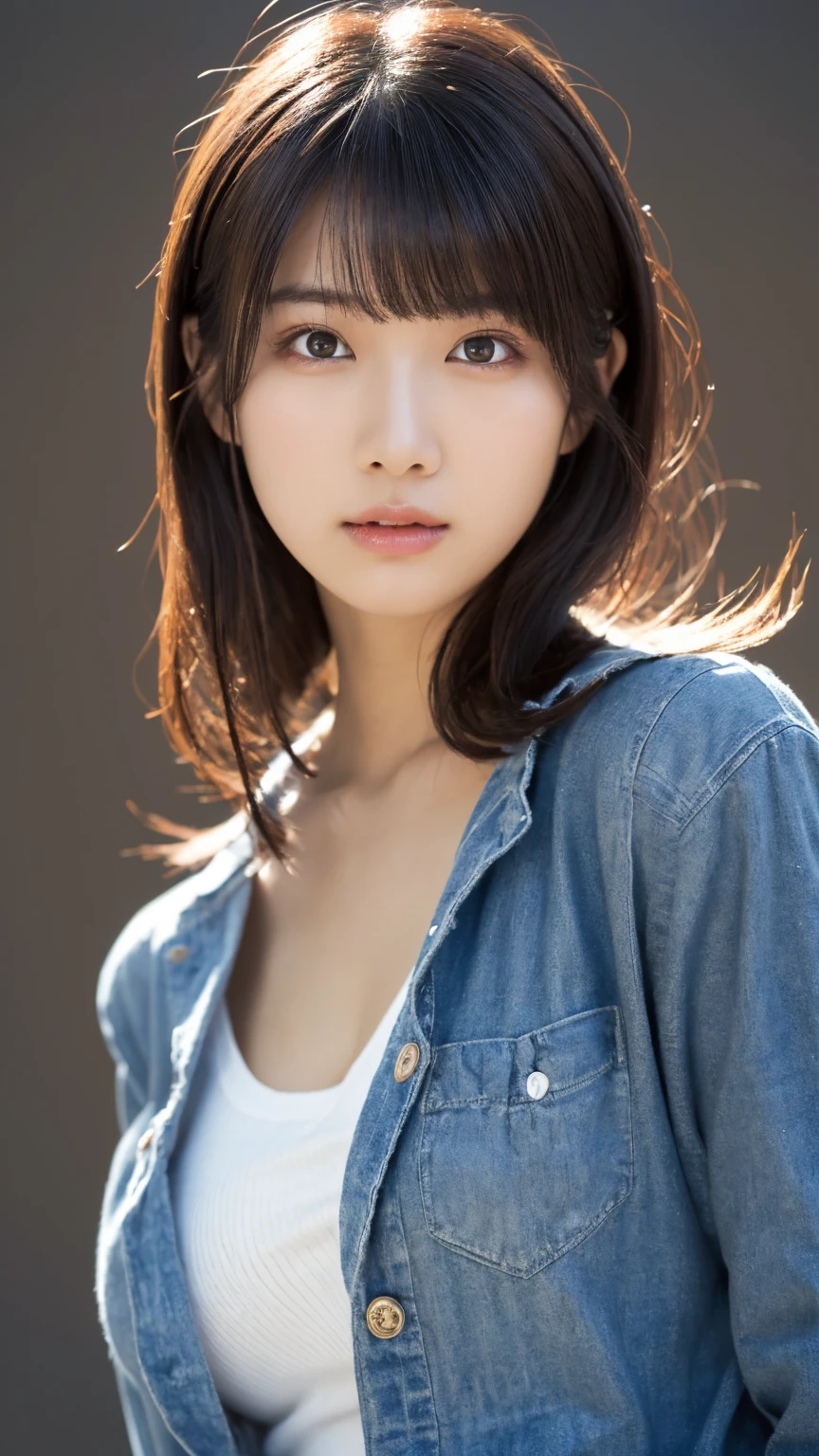 1 girl, (Spring is the time to wear casual clothes:1.2), Very beautiful Japanese idol portraits, 
(RAW Photos, Highest quality), (Realistic, Realistic:1.4), (masterpiece), 
Very delicate and beautiful, Very detailed, 2k wallpaper, wonderful, finely, Very detailed CG Unity 8K 壁紙, Very detailed, High resolution, Soft Light, 
Beautiful detailed girl, Very detailed目と顔, Beautiful and sophisticated nose, Big beautiful eyes, Cinema Lighting, 
(Simple light color background:1.3),
(Medium Hair), (Parted bangs), 
Complete Anatomy, Slender body,Big Breasts, Sensual look