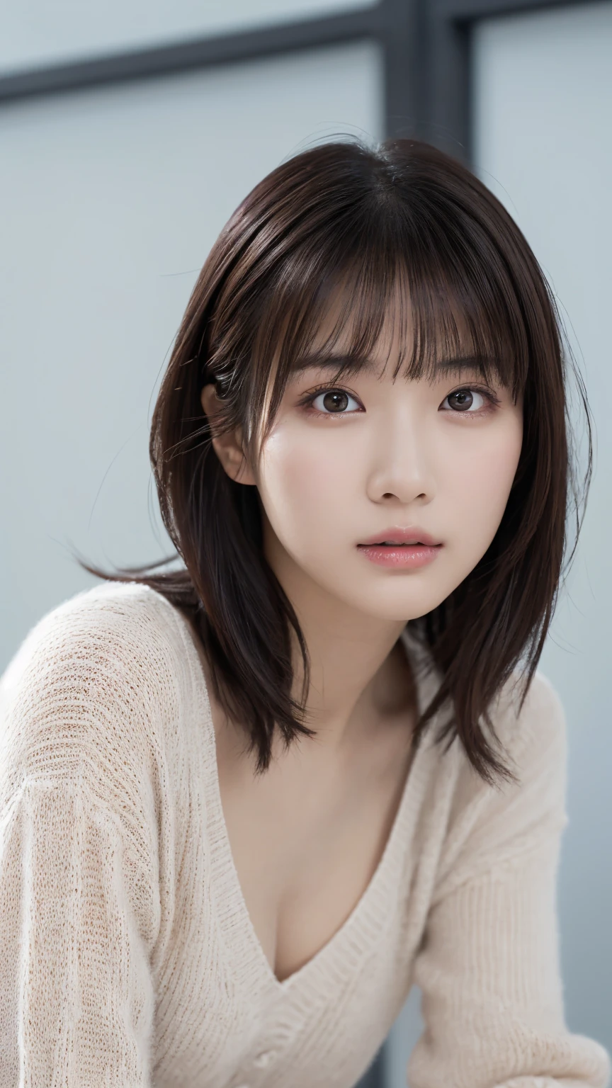 1 girl, (Spring is the time to wear casual clothes:1.2), Very beautiful Japanese idol portraits, 
(RAW Photos, Highest quality), (Realistic, Realistic:1.4), (masterpiece), 
Very delicate and beautiful, Very detailed, 2k wallpaper, wonderful, finely, Very detailed CG Unity 8K 壁紙, Very detailed, High resolution, Soft Light, 
Beautiful detailed girl, Very detailed目と顔, Beautiful and sophisticated nose, Big beautiful eyes, Cinema Lighting, 
(Simple light color background:1.3),
(Medium Hair), (Parted bangs), 
Complete Anatomy, Slender body,Big Breasts, Sensual look