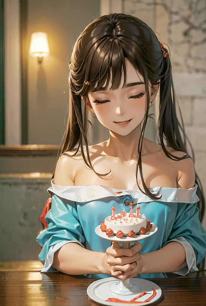 (masterpiece:1.4), (ultra detailed:1.4), (extremely detailed CG:1.4), A man with brown hair is celebrating the birthday of a girl who is turning .、Hug me and press your cheeks together、A happy smile、Big Birthday Cake、5 candles、Family photo、closed eyes